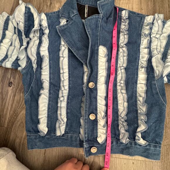 Cropped Ruffle Sleeve Denim Jacket Made Italy Parisian Couture Chic 36 - Picture 5 of 13